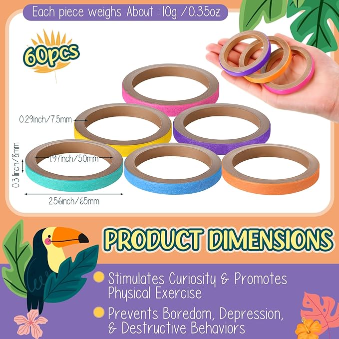 60 Pcs Bagels Bird Toys Bulk for Parrots Durable Cardboard Core Bird Toy Chewing Shredding Foraging Play Foot 2.5'' for Small and Medium Parrot Mini Macaws African Grey Cockatoos