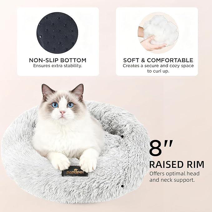 PaPaPet Premium Donut Cat&Dog Bed for Indoor Cats, Ultra Soft Washable Pet Bed for Puppy and Kitten, Plush Long Pile Faux Fur Fabric with Anti-Slip Bottom