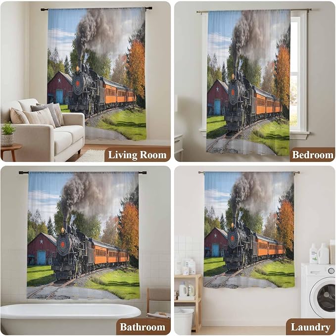 Steam Train Sheer Curtains 63 Inch Length Railroad Country Barn Rustic Trees