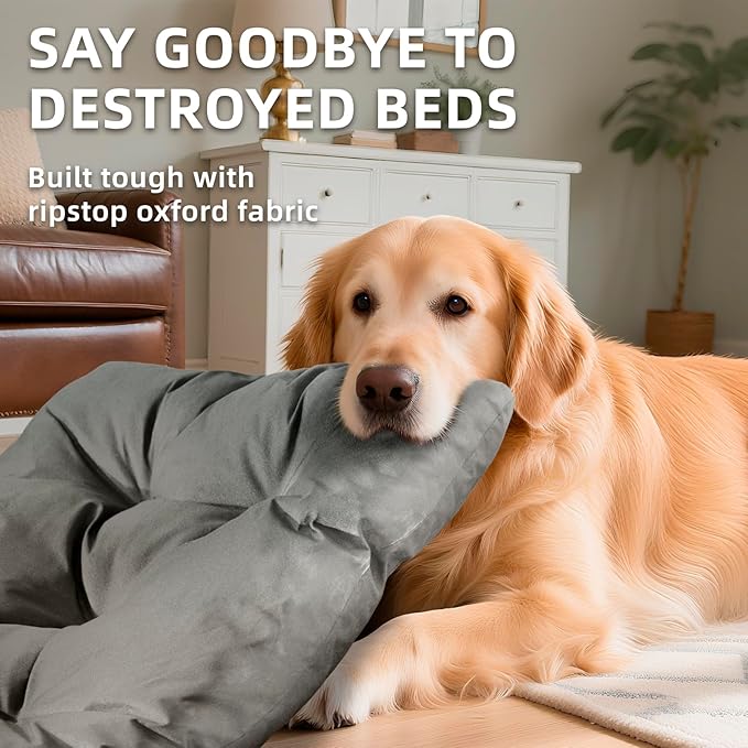 Chew Resistant Dog Bed for Large Dogs - Durable 41"x27" Kennel Pad with Soft Plush Filling, Machine Washable Crate Mat for Aggressive Chewers, Indoor Outdoor Pet Bed, Gray