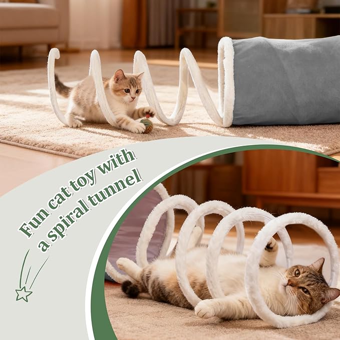 Ownpets 2-in-1 Cat Tunnel, Large Lollipop Shape Cat Tunnel Toy with Fluffy Balls, Spiral Toy, Plush Collapsible Cat Cave Hideout Donut Tunnel for Multi Kitten Puppy Rabbit, Grey