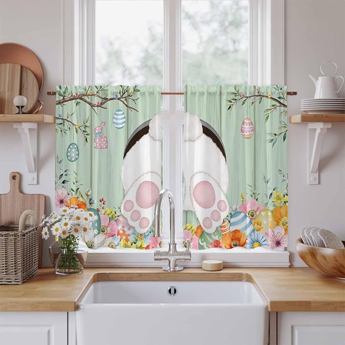 Easter Kitchen Tier Curtains 45 Inch Long 2 Panel Set, Rod Pocket Short Window