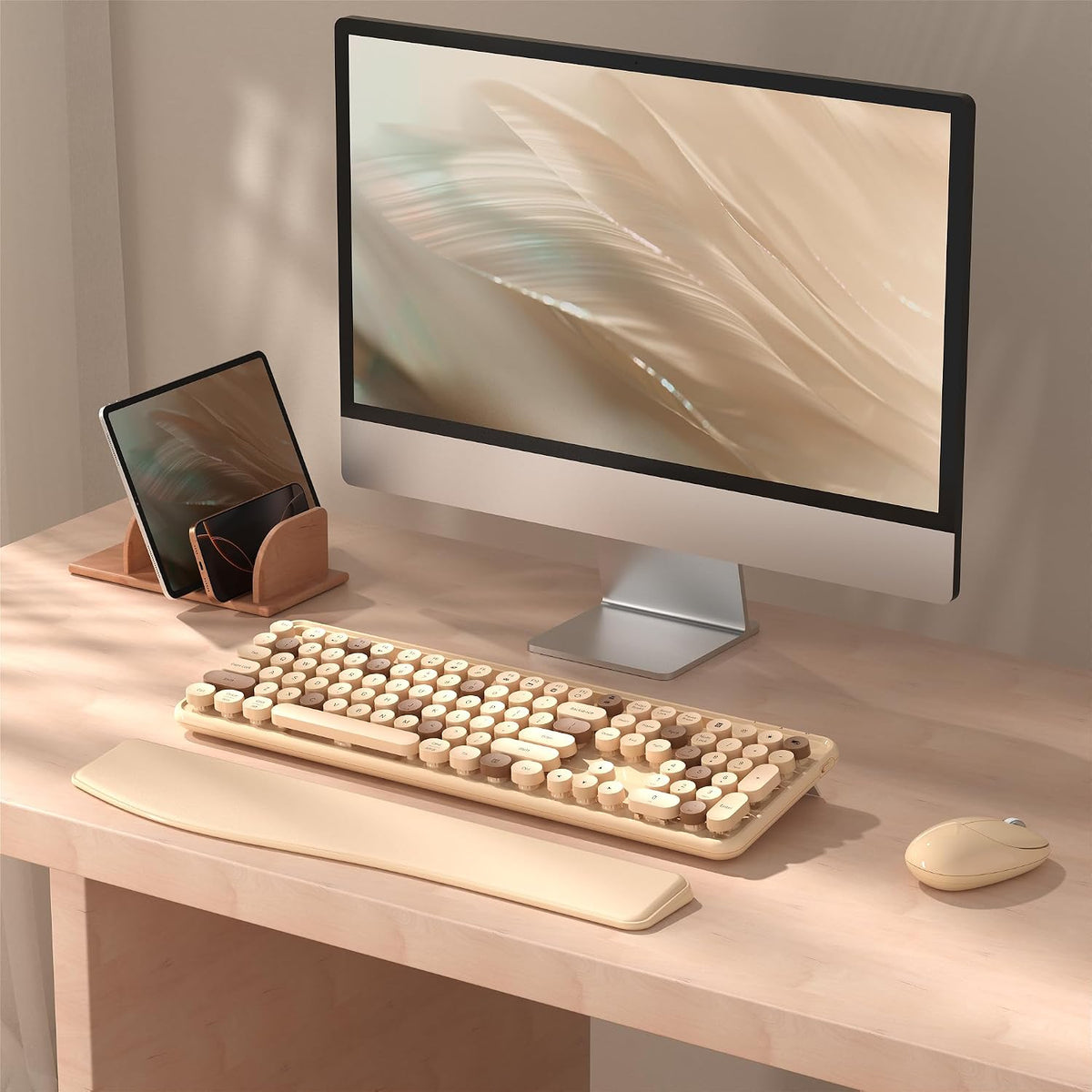 Wireless Keyboard and Mouse Combo with Phone Holder (Milk Tea)