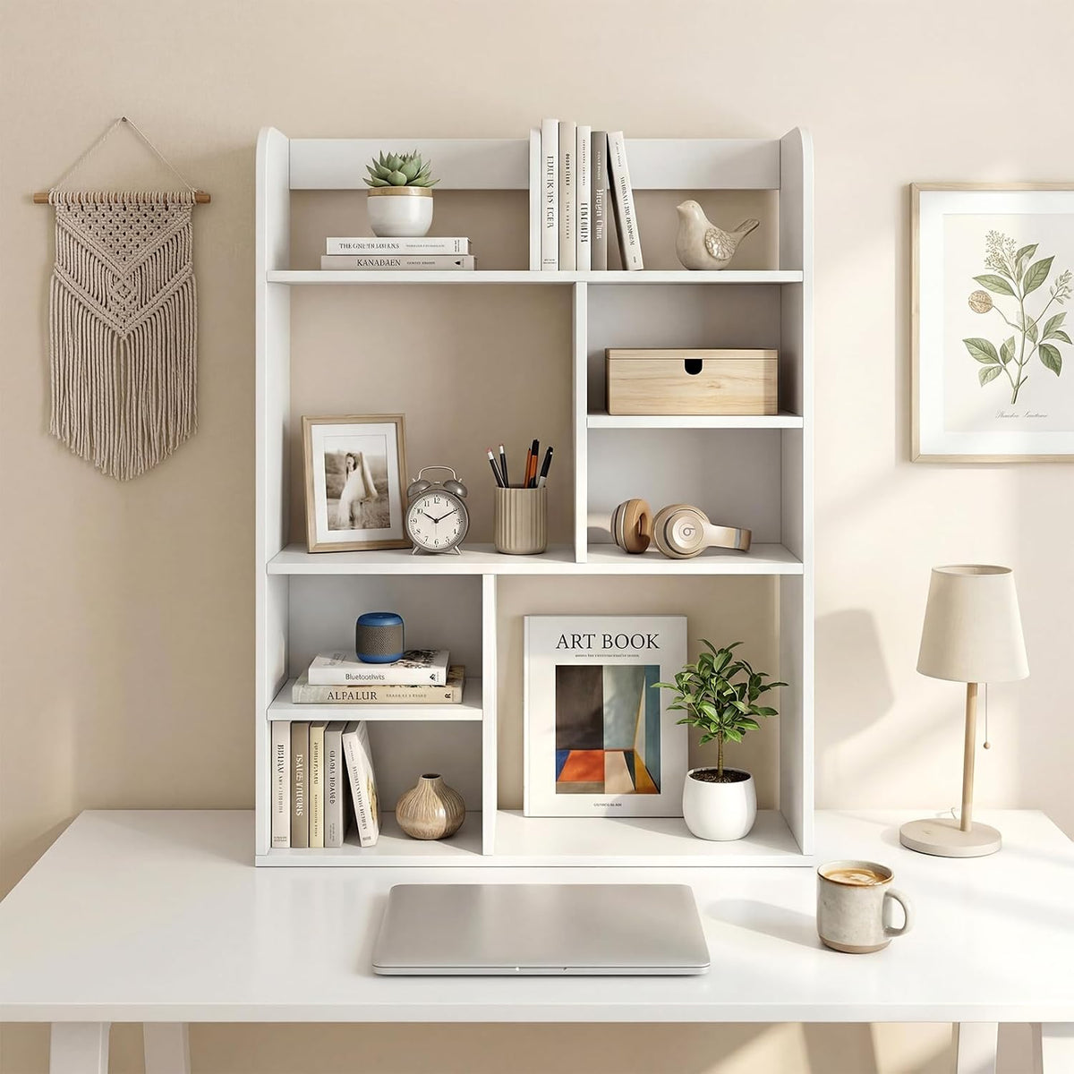 GIANTEX 3-Tier Desktop Bookshelf, 23.5" Desk Hutch Dorm with 8 Open Storage Cubes, Desk Organizer Shelf for Computer Desk, White Desk Shelves for Home Office College Dressing Tabletop