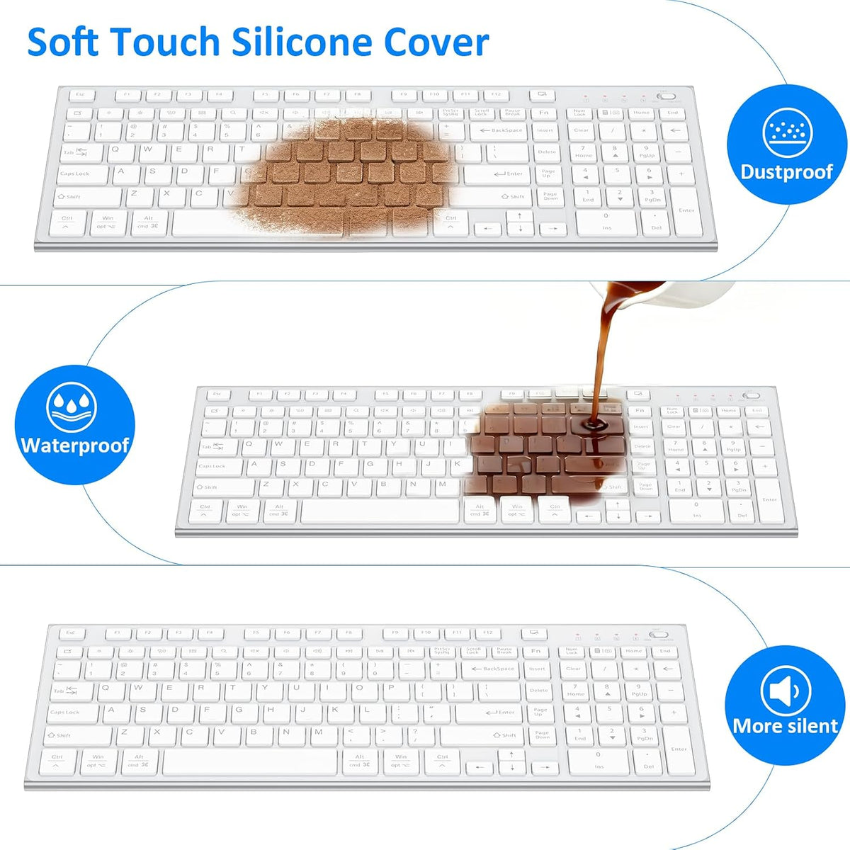 Keyboard and Mouse Wireless, Slim Flat Silent Quiet White Silver