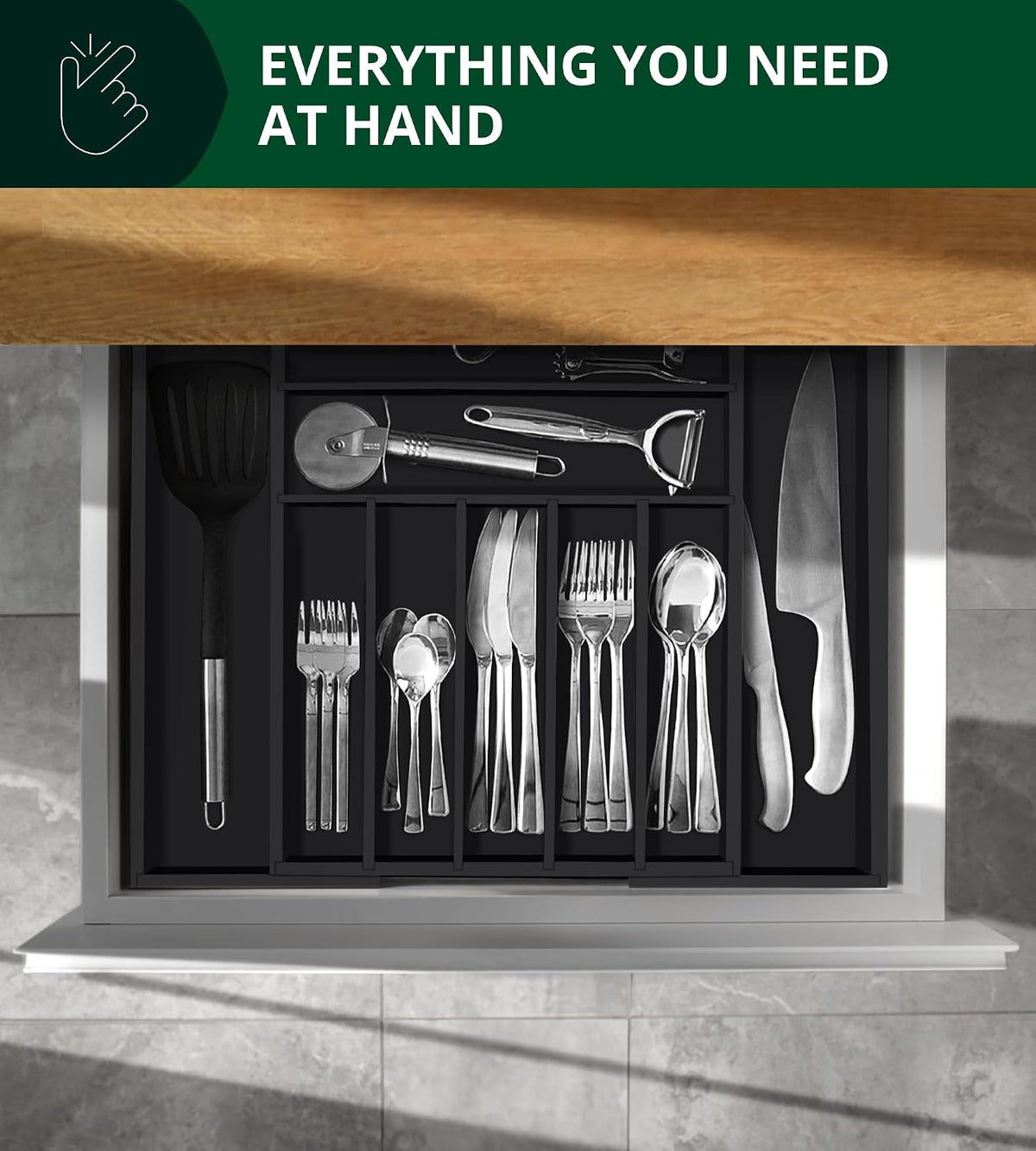 ROYAL CRAFT WOOD Luxury Bamboo Kitchen Drawer Organizer - Silverware Organizer - Utensil Holder and Cutlery Tray with Grooved Drawer Dividers for Flatware and Kitchen Utensils (9 Slot, Black)
