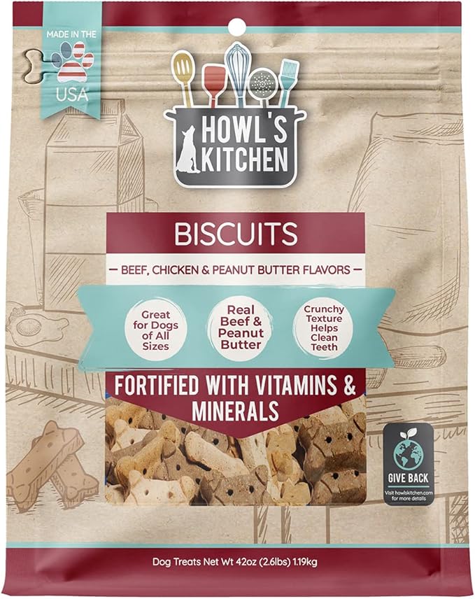 Howl's Kitchen Biscuits, 12 oz Bag, 1 Count, Beef, Chicken and Peanut Butter Mix, Rawhide Free, All Natural Chewy Dog Treats, for All Breed Sizes