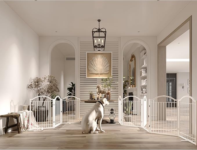 BHG Metal No-Assembly Freestanding Dog Gate with Door Walk Through, Extra Wide 120", Extra Tall 32" Pet Gate, Accordion Puppy Folding Playpen Dog Fence, with 2PCS Support (White, 5 Panels)