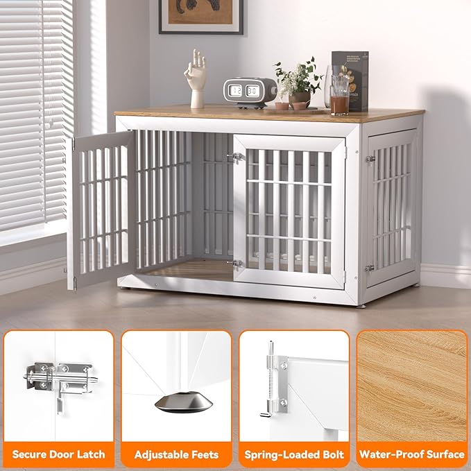 48" Heavy Duty Dog Crate Furniture for Small,Medium and Large Dogs,Rustic Wooden Dog Cage Kennel Indoor Furniture with Waterproof Top,Decorative Pet House Side End Table (White & Wood)