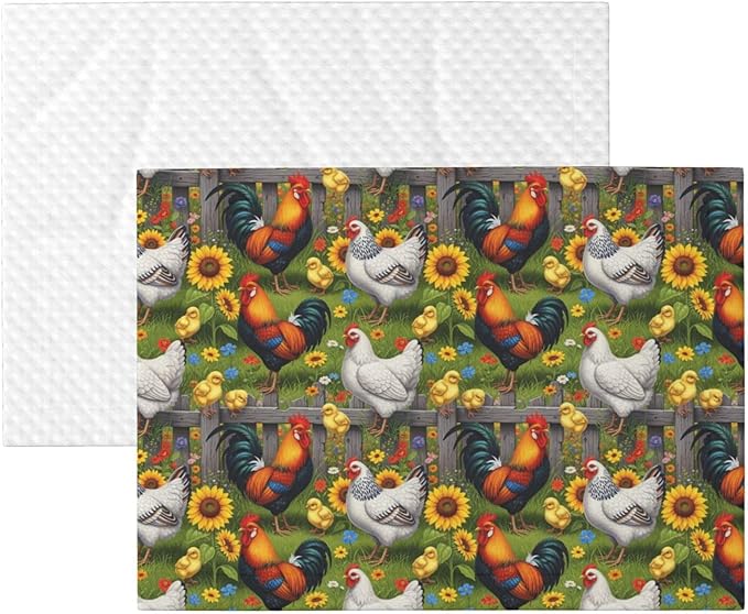 Pet Blanket for Indoor Outdoor Use, Chicken Rooster Garden Flowers Painting, Two Sided Reversible Plush Mat with Bumpy Dot Texture for Patios Crates Portable Bed Companion