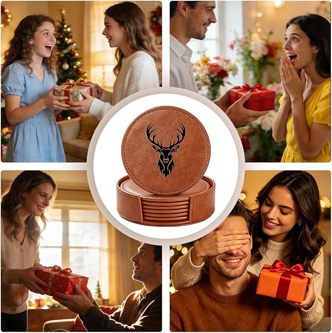 6 Packs Stag Pattern Leather Coaster