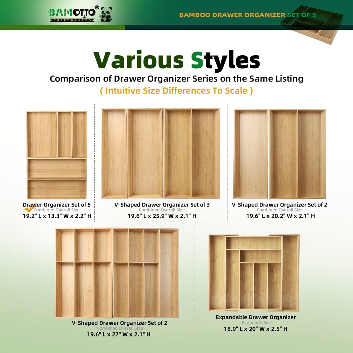 BAMOTTO CRAFTBAMBOO Stackable Bamboo Drawer Organizer Set of 5 for Kitchen