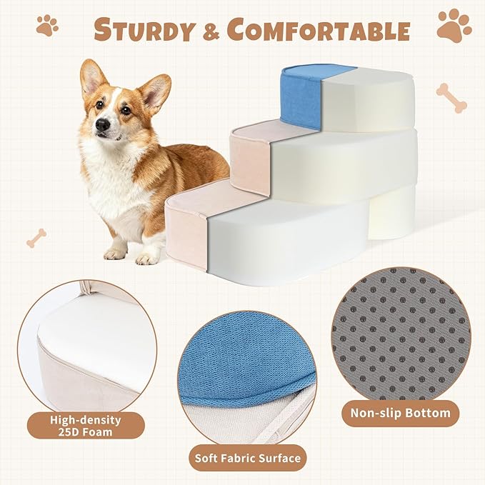 Dog Stairs for Small Dogs, 3 Step Dog Stair for High Bed and Couch, Non-Slip High Density Foam Sturdy Pet Steps with Removable Washable Cover for Older Cat