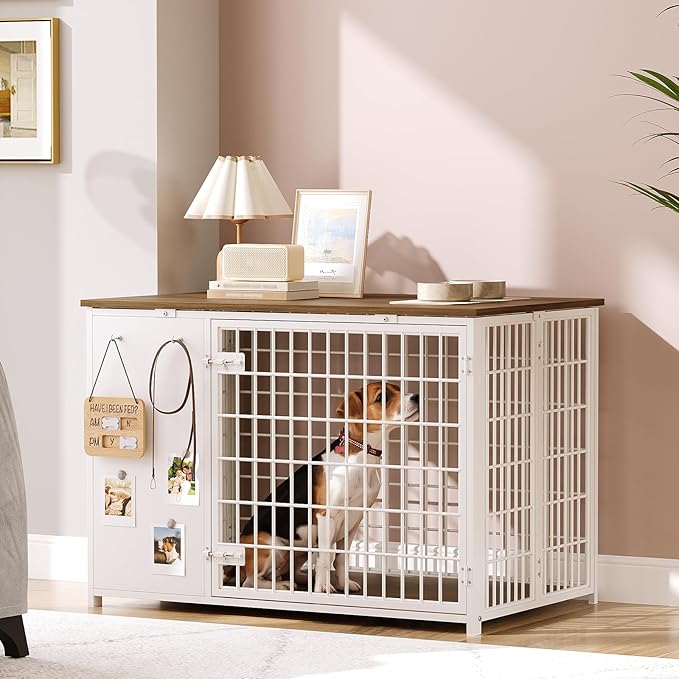 Foldable Dog Crate Furniture, Dog Crate with DIY Frame, Heavy Duty Dog Kennel Indoor with Hooks, Wooden Dog Cage End Table, for Small/Medium Dogs, White and Walnut DC95WH