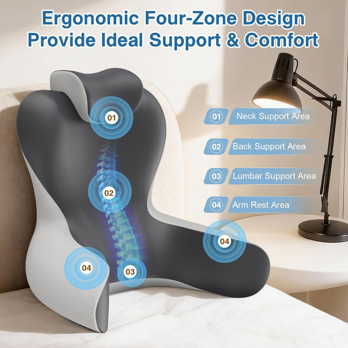 22" XL Reading Pillow Sitting in Bed,Back Support & Armrests(Grey&DarkGrey)