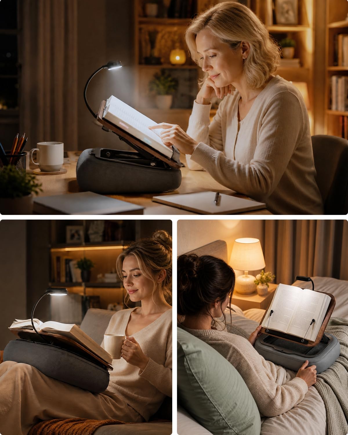 Viozon Lap Book Pillow Stand with Light, Adjustable Beanbag Reading Pillow with Storage, Multi-Angle Book Holder for Hands-Free Reading in Bed or Sofa,Book Lover Essential,Soft Cushion