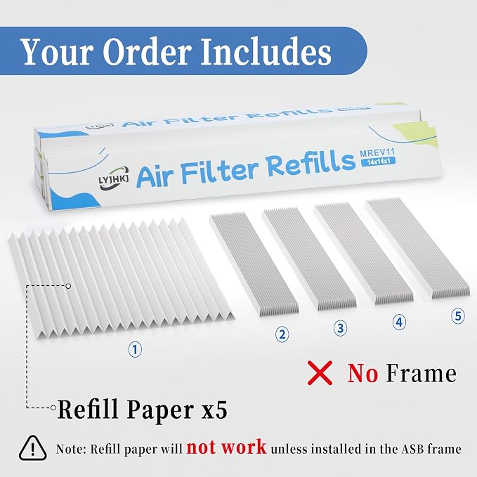 5 Pack 14x14x1 MERV 11 Air Filter Refills, Replaceable Filter Media only