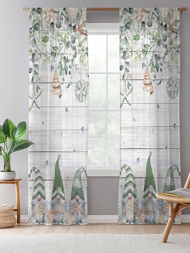Sheer Curtains 108 Inches Long, Coastal Eucalyptus Leaf Semi Sheer Curtains