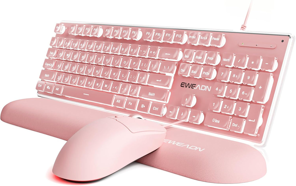 Wired Keyboard and Mouse Combo, White Backlit with Detachable Wrist Rest