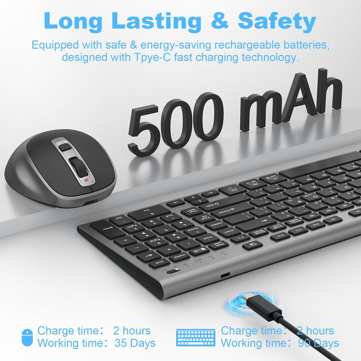FENIFOX Rechargeable Wireless Keyboard and Mouse, with Number Pad Grey