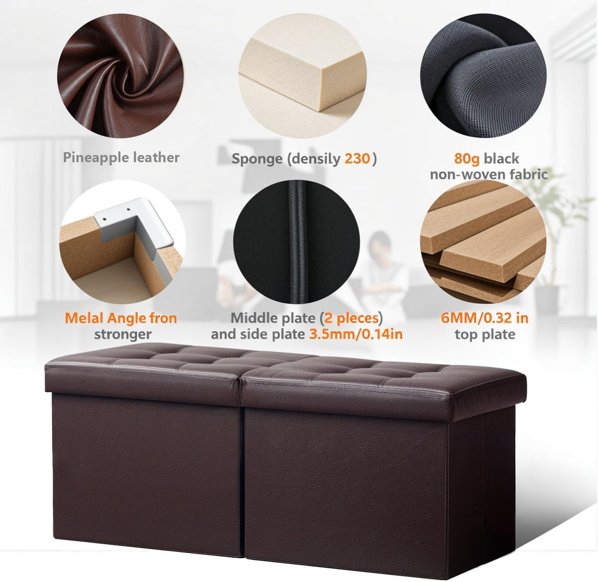 AmasSmile Footrest Ottoman Storage Bench,34" Leather Folding Chest,Brown