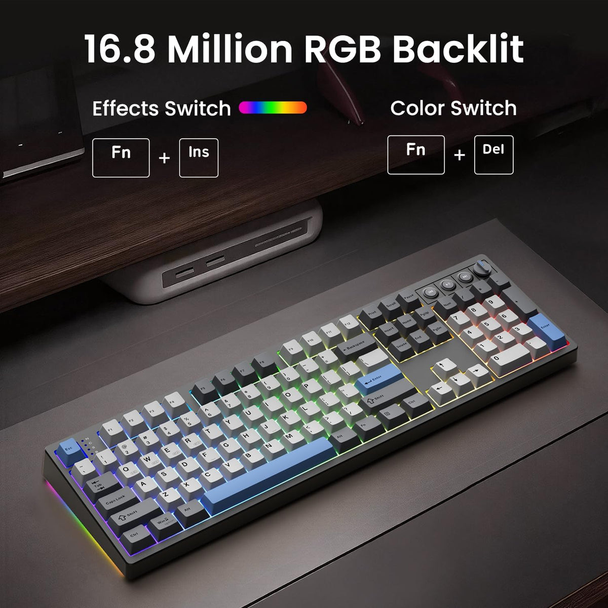 Kisnt KN104 Wireless Mechanical Keyboard, 100% Full Size with Knob, Bluetooth/2.4GHz/USB-C, Custom RGB Backlit, Hot-Swappable Linear Switch, Creamy Sound for Gaming/Typing (Carbon Black)