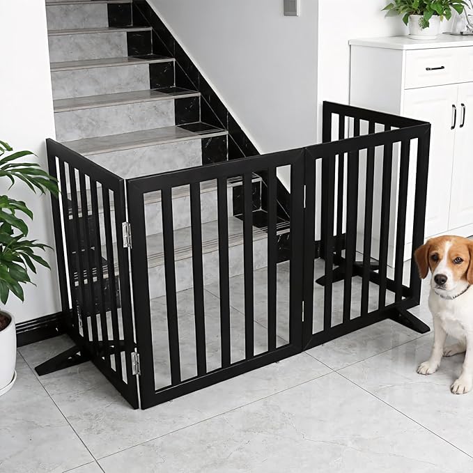 Dog Gate Indoor, Freestanding Dog Fence for The House, Doorways, Hallways,or Stairs,Pet Gate Foldable Wooden,Expandable 32" Height 6 Panels,Black