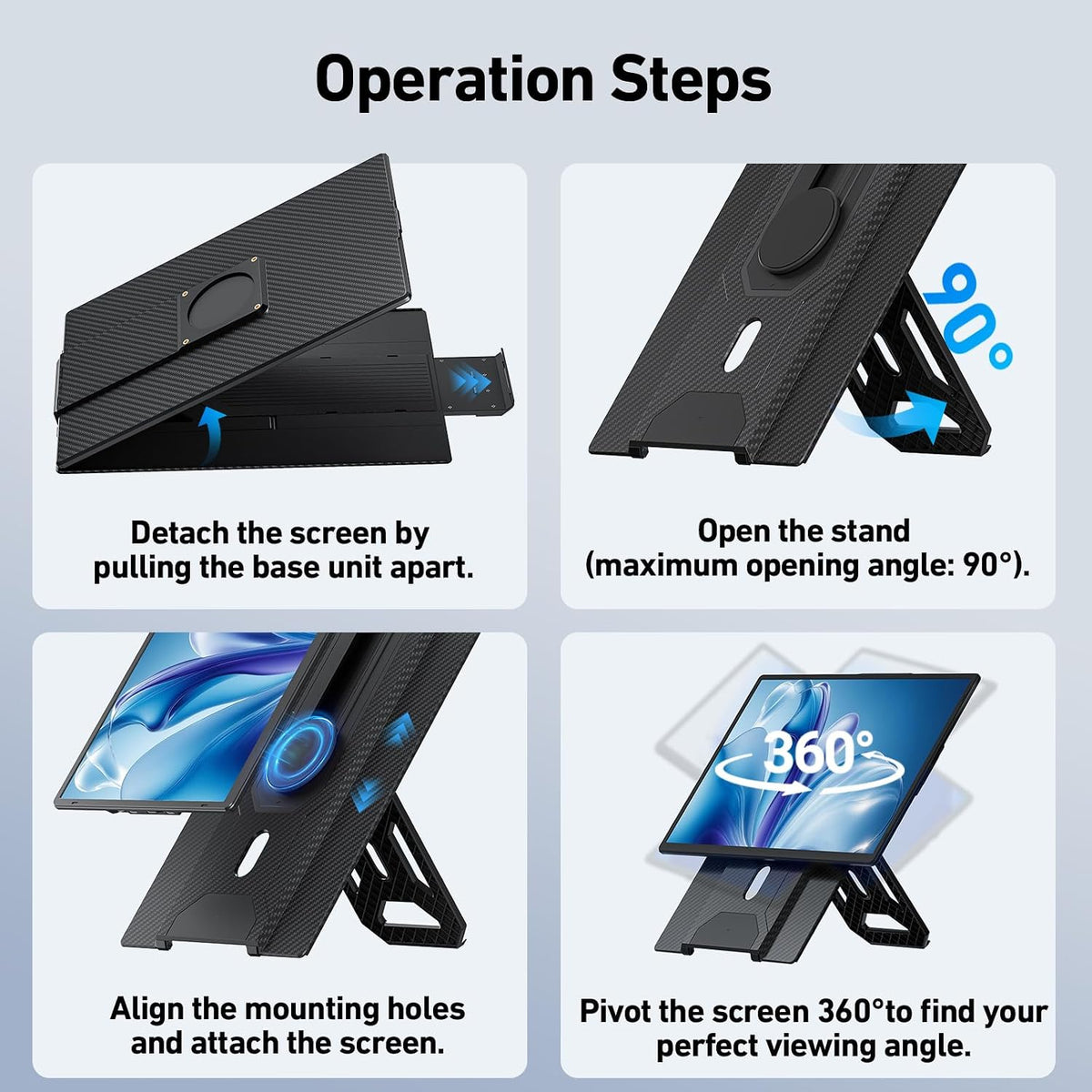16'' Laptop Screen Extender, 360° Rotating Detachable Stand/VESA Support, FHD 1200P IPS Portable Monitor, Plug & Play with HDMI/USB-A/Type-C, Compatible Win/Mac/Android
