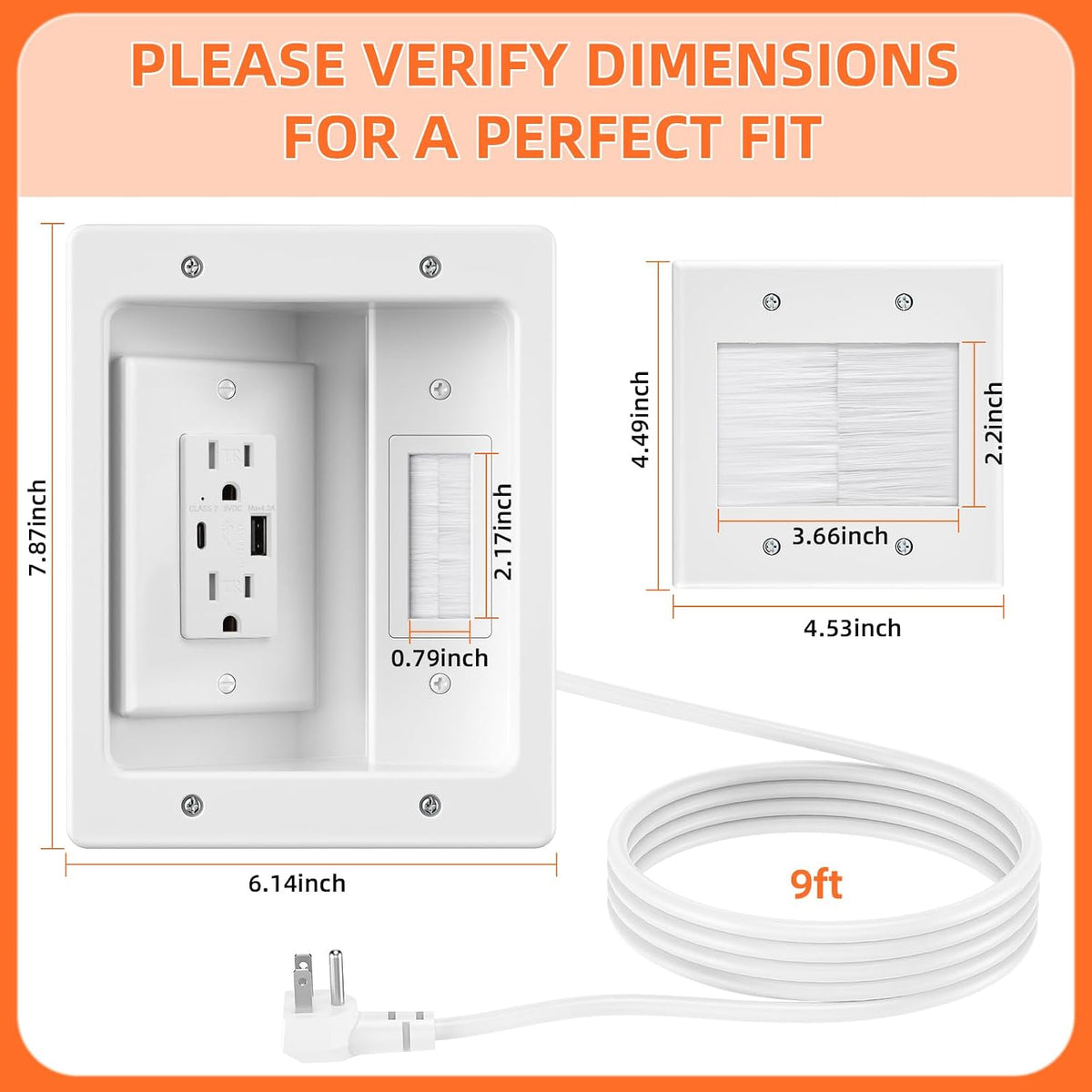in Wall Cable Management Kit with Brush Wall Plate,AC Outlets & USB-A+USB-C Ports,9ft Cord,Hide Cords Recessed Wall Outlet for TV Cable Management,HDMI Cables and Home Theater Systems