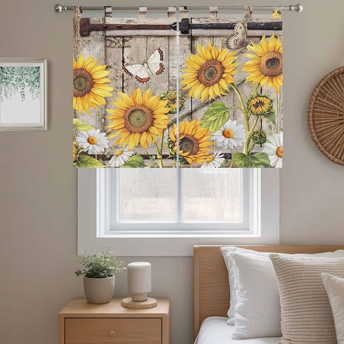 Farmhouse Sunflowers Kitchen Curtains 45 Inch Length, Short Cafe Window