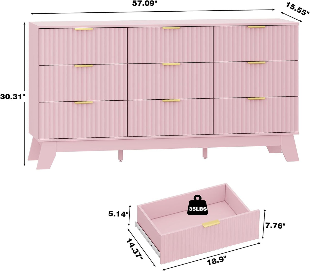 HUANLEGO Fluted Dresser for Bedroom with 9 Drawers, Pink
