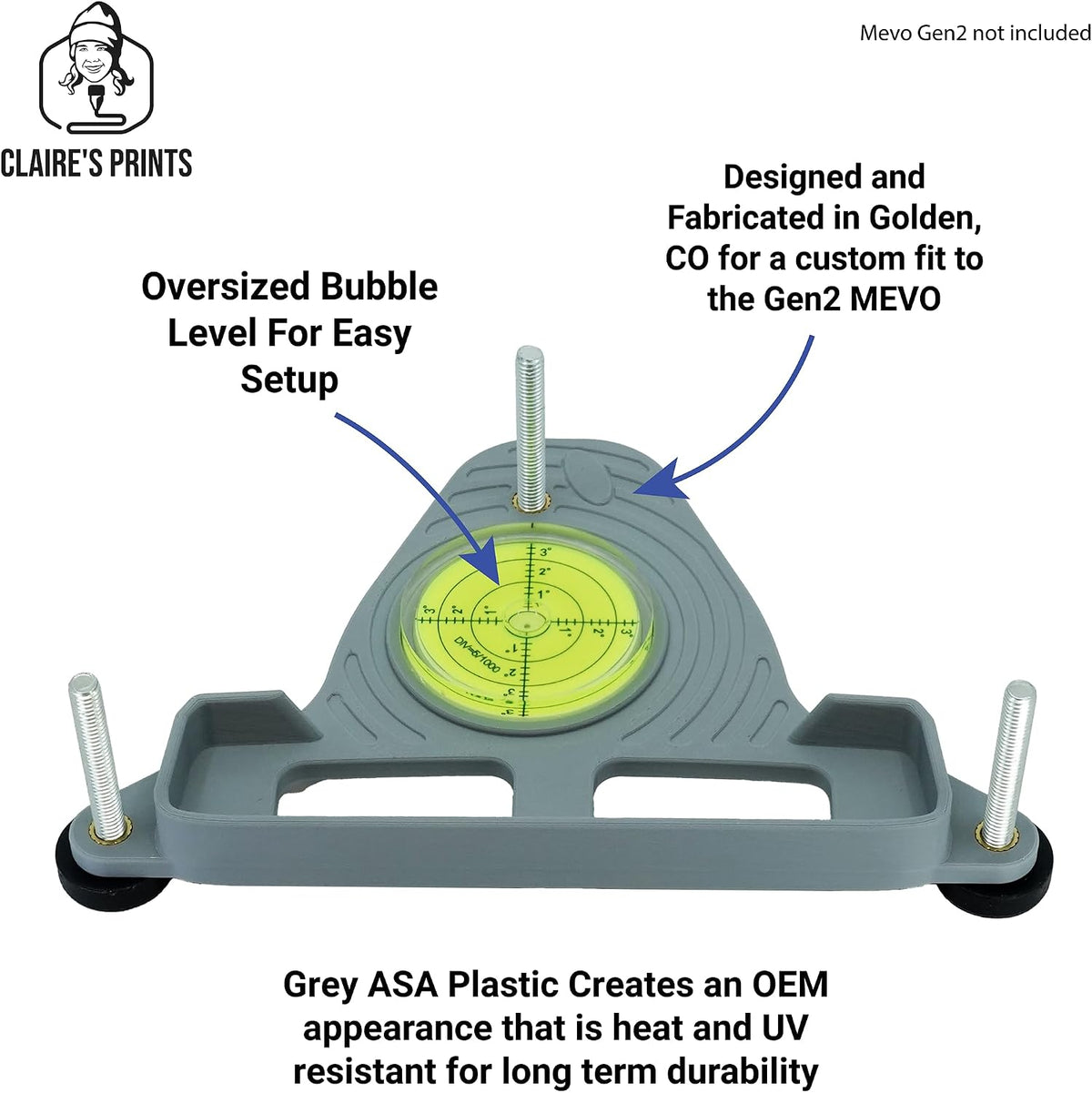 Claire's Prints Leveling Stand Compatible with Mevo Gen 2 Launch Monitor – Precision Adjustable Base, Oversized Bubble Level, ASA Heat & UV Resistant, Made in USA