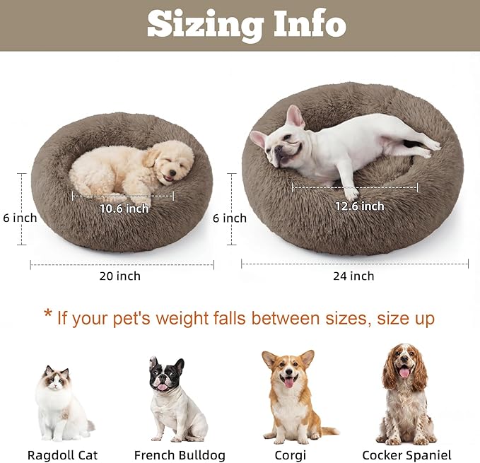 Calming Dog Bed, 20" x 20" x 6" Fits Cat & Dog, Anti-Slip Round Washable Faux Fur for Doze Off, Napping Orthopedic, Khaki