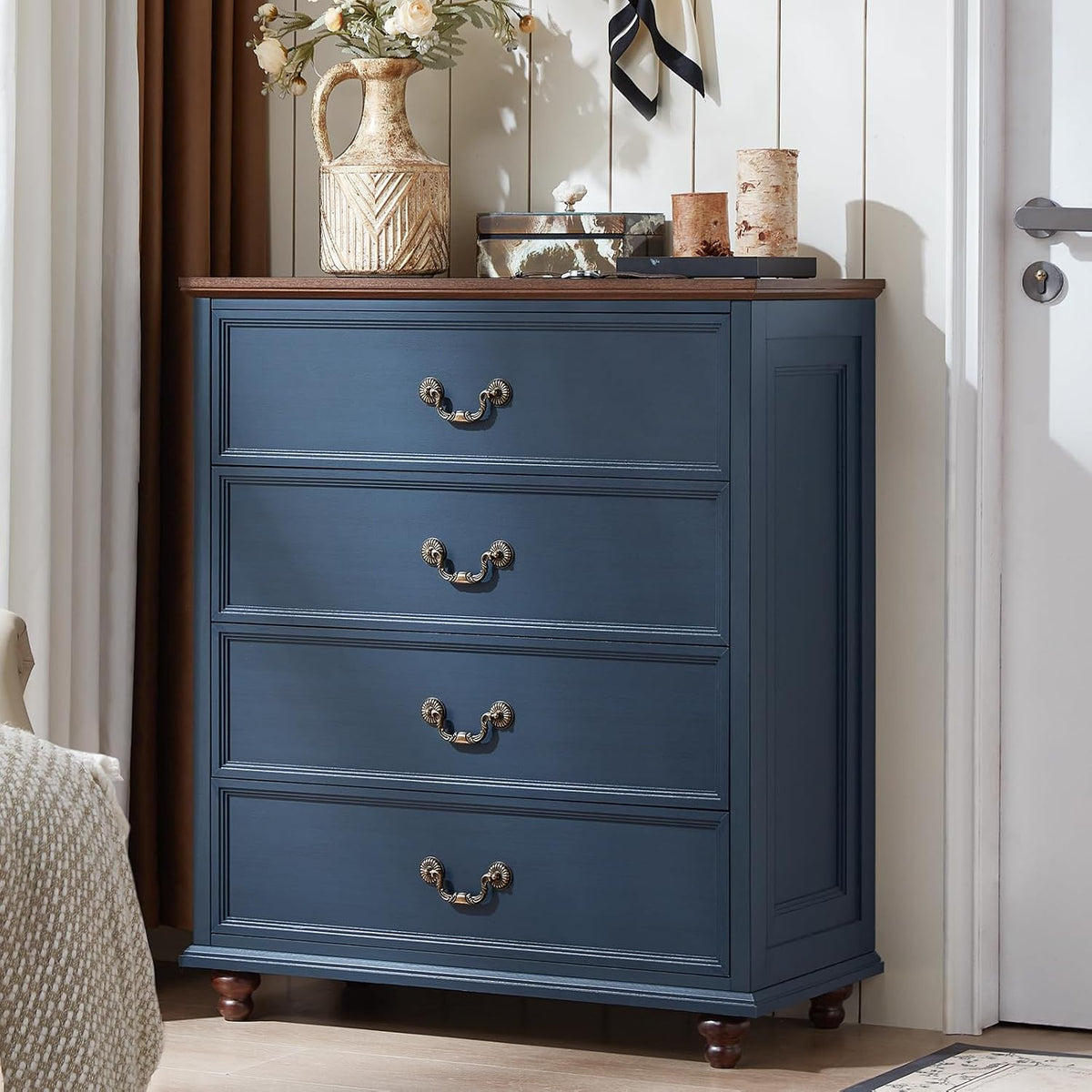 Joaxswe Farmhouse 4 Drawer Dresser for Bedroom, 37" Tall Rustic Chests of Drawers w/ 4 Solid Wood Feet, Mid Century Modern Wooden Closet Storage Dressers Organizer for Living Room, Hallway, Navy Blue