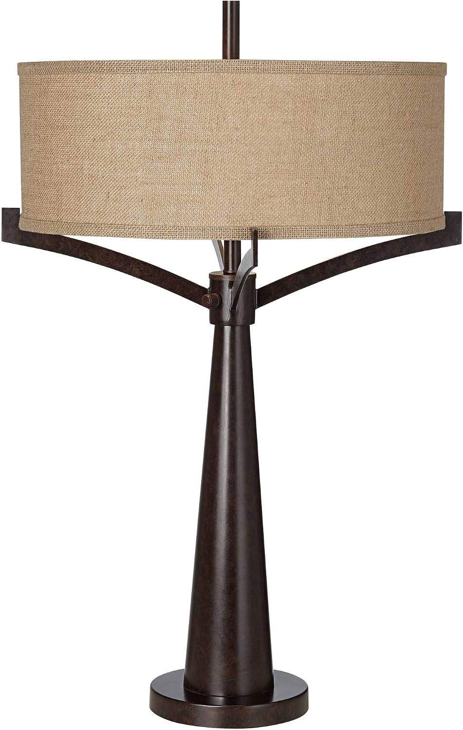 Franklin Iron Works Tremont Mid Century Modern Industrial Table Lamps 31.5" Tall Set of 2 Rich Bronze Iron Burlap Fabric Drum Shade for Living Room Bedroom House Bedside Nightstand Home Office