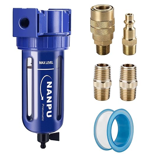 NANPU 1/4" NPT Compressed Air Filter, Zinc Alloy, 5 Micron Brass Element