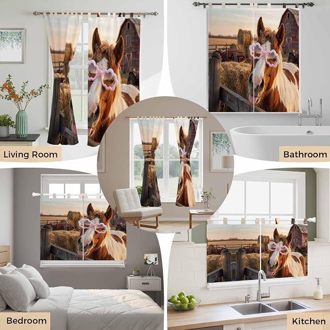 Farm Horses Kitchen Curtains 24 Inch Length, Small Window Curtains Tab Top