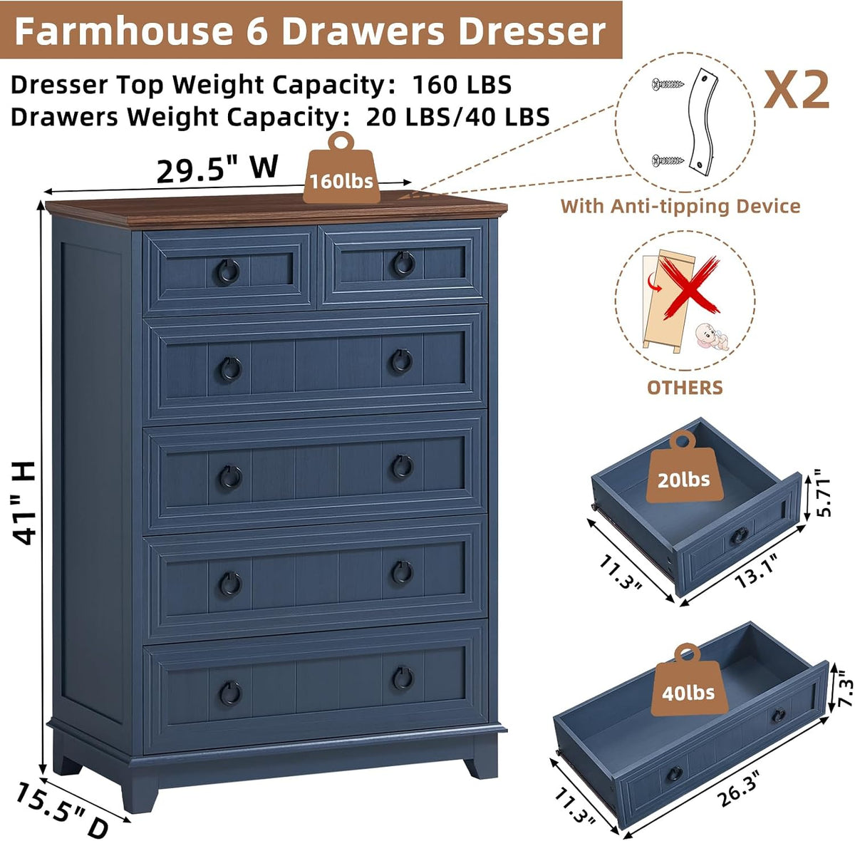 Joaxswe Farmhouse 5 Drawer Dresser for Bedroom, 42" Tall Small Dressers & Chest of Drawers, Rustic Wood Dresser with Metal Handle, Storage Organizer Closet for Living Room, Hallway, Entryway