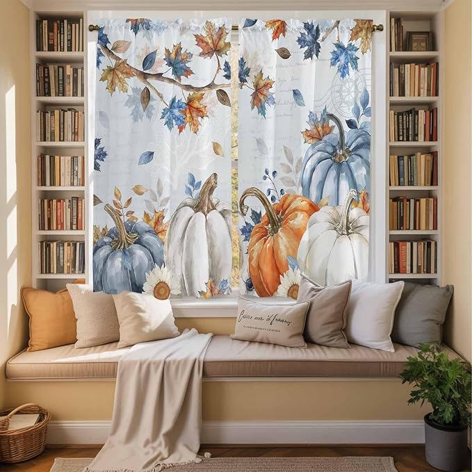 Fall Blue Maple Window Curtains 63 Inch Long 2 Panel Set, Rod Pocket Bedroom