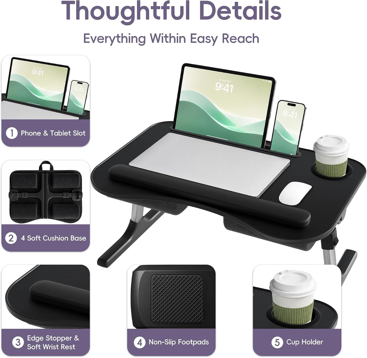 Aothia Foldable Adjustable Lap Desk for Laptop, Bed & Couch, Black