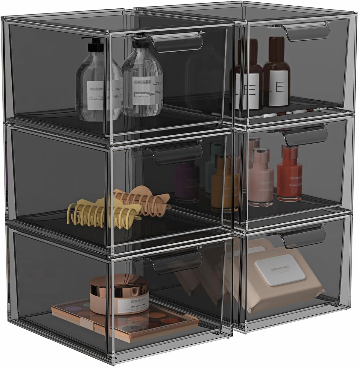 6 Pack Stackable Acrylic Makeup Organizer, Smoke Black Storage Drawers