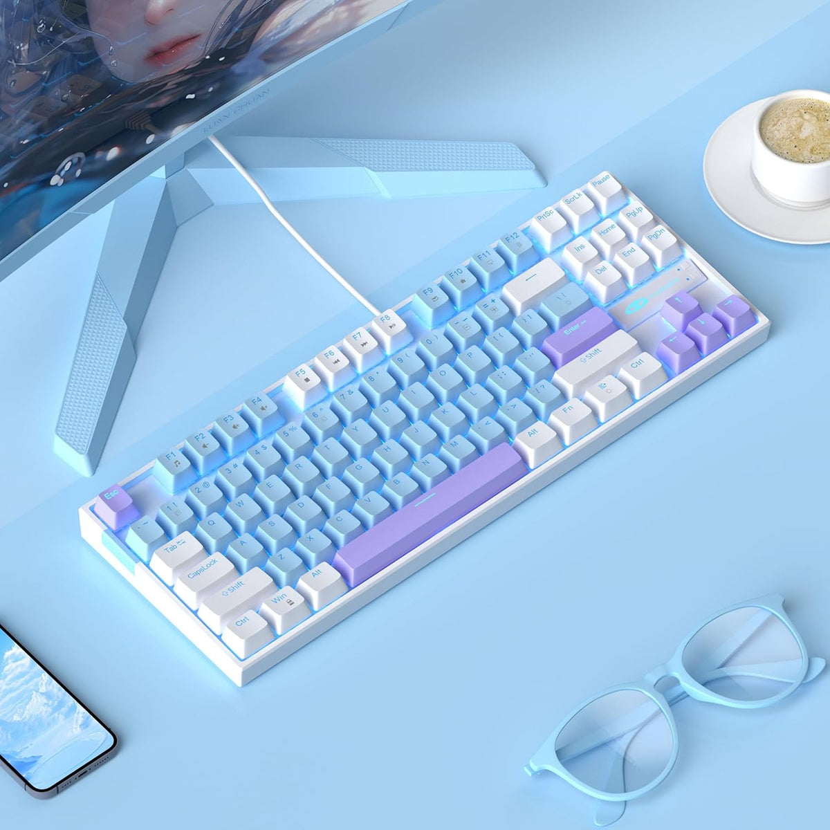 MageGee 75% Mechanical Gaming Keyboard, Blue Switch, LED Blue Backlit, 87 Keys Compact TKL Wired Keyboards for Windows Laptop PC Gamer - Blue/White