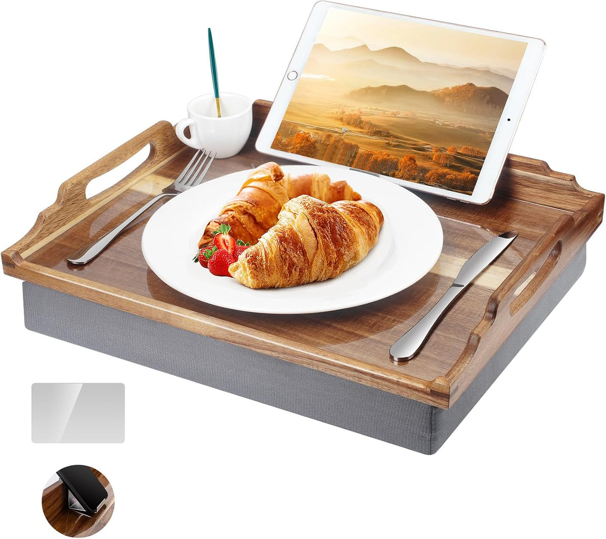 DRELIFAM Lap Desk with Cushion,Wooden Bed Tray Table for Eating,Lap Tray in Recliner,Breakfast Tray,TV Dinner Bed Food Trays (Acacia Wood A)