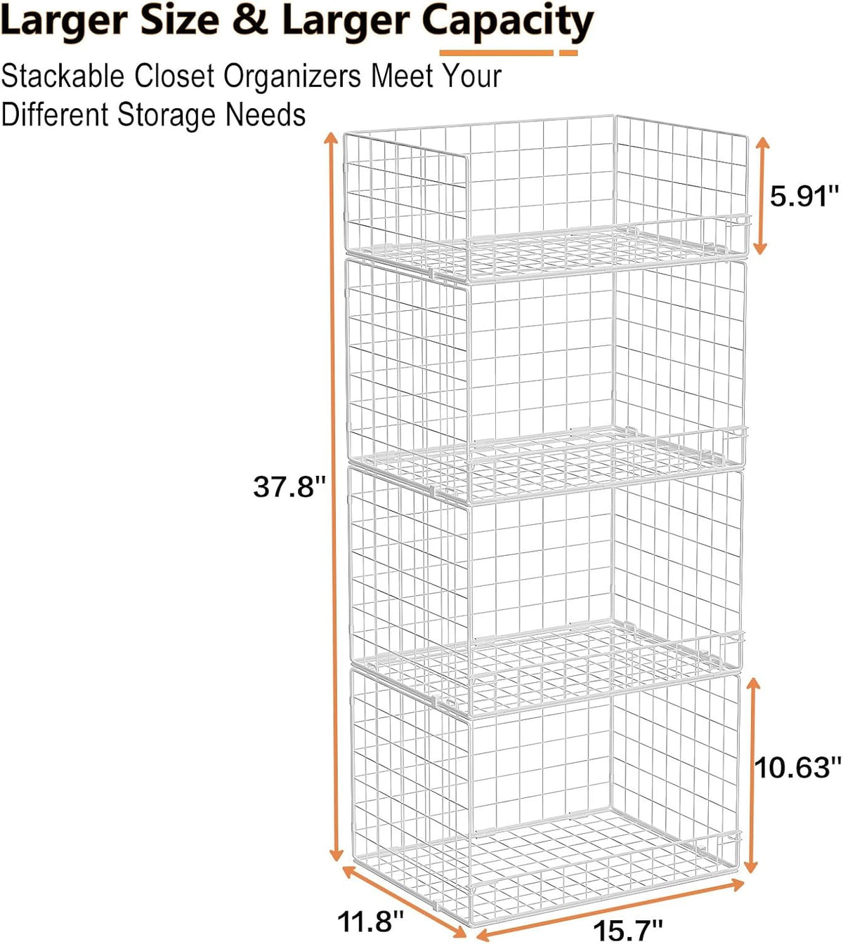 Yociyoga 4 Tier Stackable Closet Organizers and Storage Shelves, Foldable Closet Shelf Organizer System, Stackable Storage Bins Drawers for Clothes Organizer System, White（Patent No. 30022416）