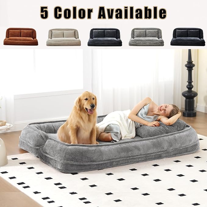 Double Human Dog Bed for Adult and Kids, Comfy Foldable Lazy Floor Loveseat Sofa Bed with 5 Adjustable Position, Upholstered Floor Bean Bag Lounger Chair for Bedroom, Living Room, Office (Gray .)