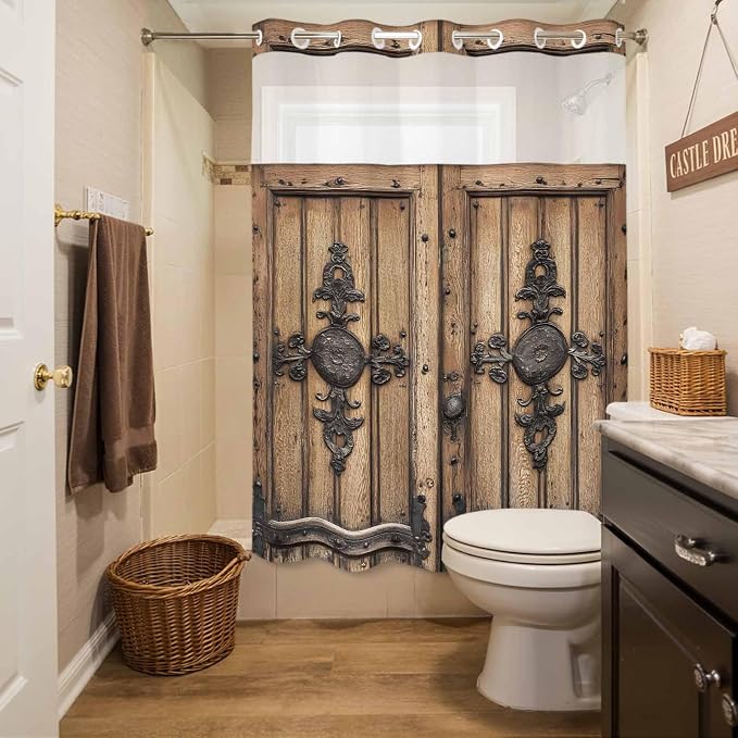 Wood Barn Door No Hook Shower Curtain