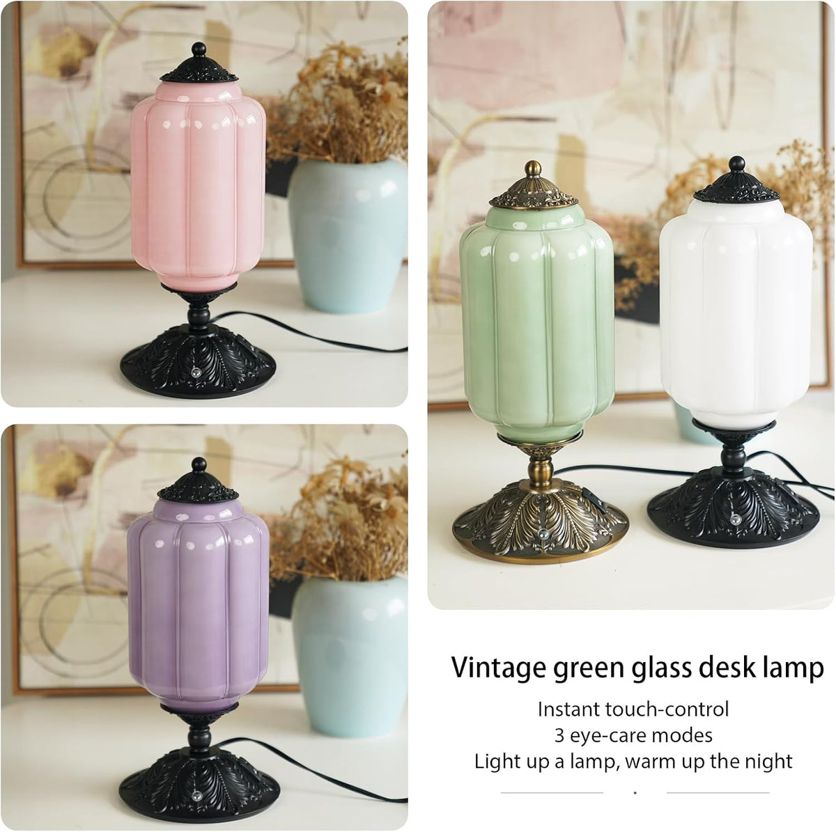 Vintage Milk Glass Table Lamp, Antique Brass Touch Desk Lamp, Green 3-Way