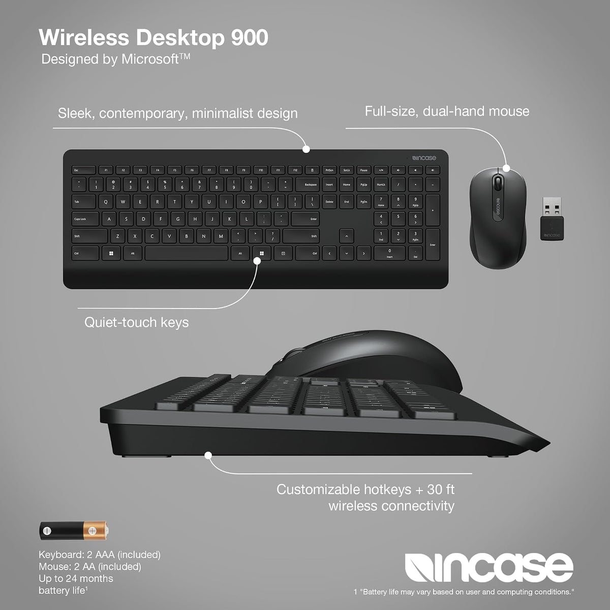 Incase Wireless Desktop 900 Keyboard and Mouse Combo - Designed by Microsoft – Quiet Touch Keys, Ambidextrous Design, Customizable Hotkeys, Two Year Battery Life – Black