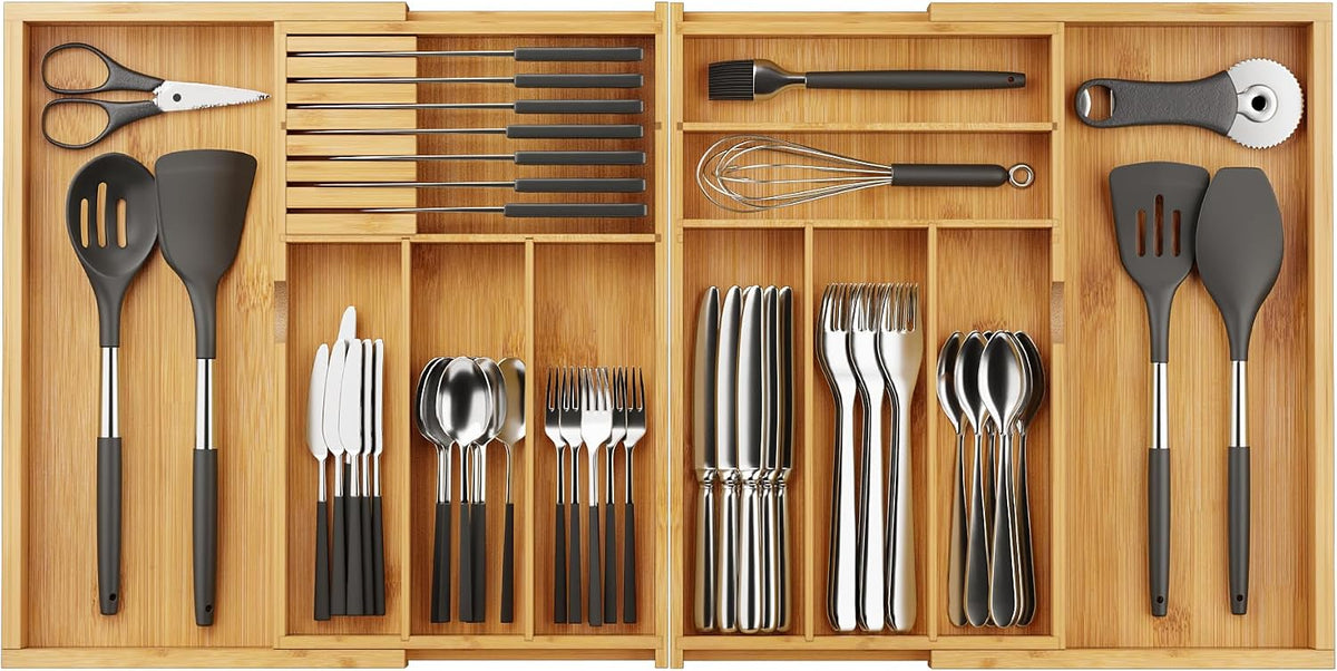BAMEOS Expandable Silverware Drawer Organizer with Removable Knife Blocks, Bamboo Kitchen Utensil Holder from 21" to 36", Large Cutlery Tray with Divider for Forks, Spoons, Knives