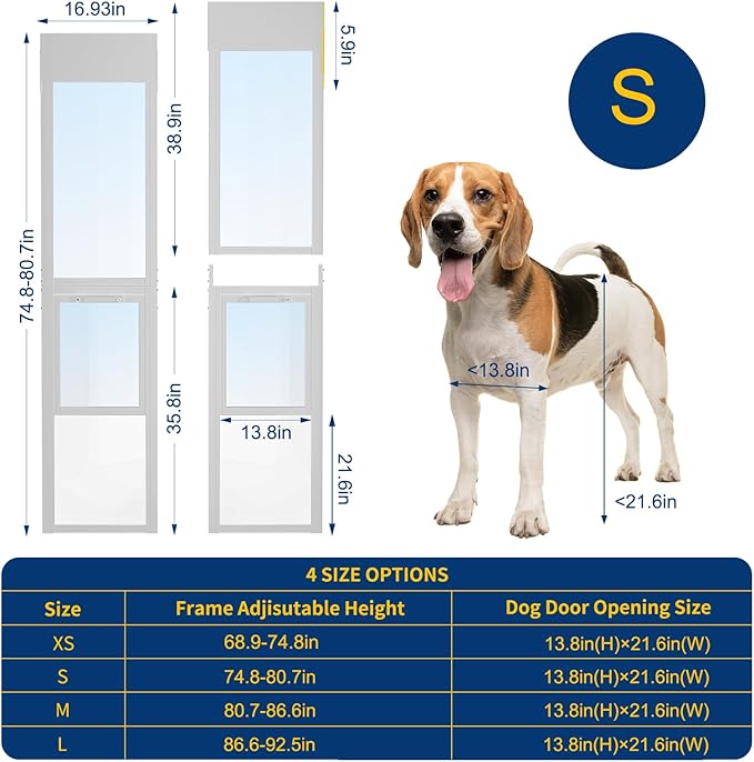 Docred Dog Door for Sliding Glass Door, 74 13/16" to 80 11/16" Adjustable Height Doggy Door for Sliding Doors, Pet Door Insert with Lock for Medium-Sized Dogs,White